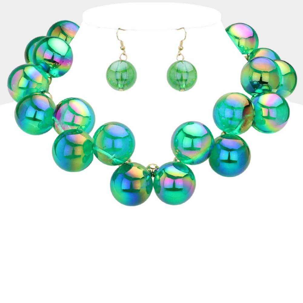 Green Iridescent Ball Necklace Set Chunky Beaded Fun Statement Jewelry